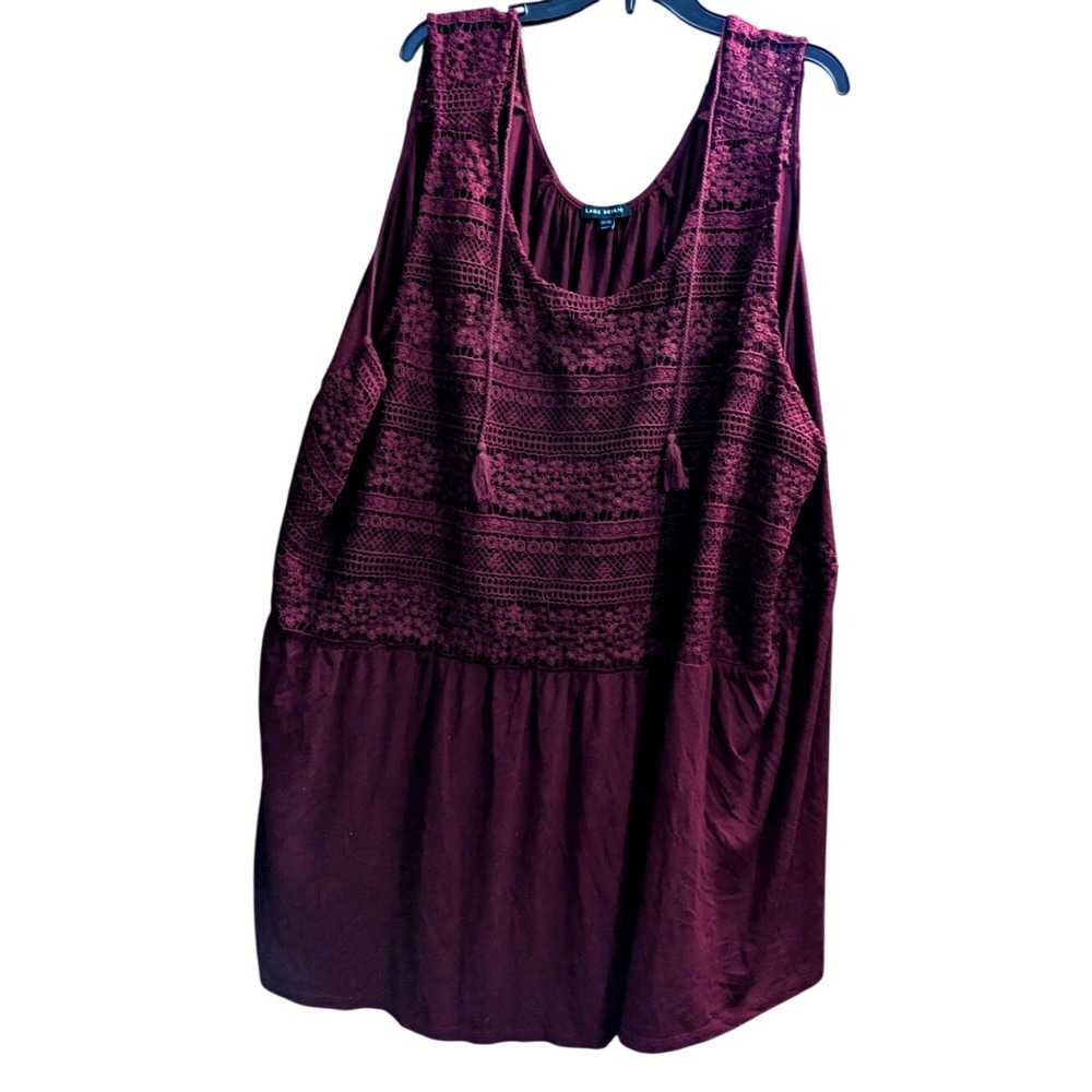 Lane Bryant Crochet Lace Trim Tank Top Plus Size 38/40 Burgundy Boho Sleeveless